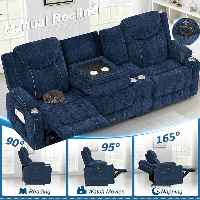 Dresegmt Recliner Sofa, 2 - Way Multi - Function Manual 3 Seater Couch with Cup Holders, Storage & USB Ports, Modern Multifunctional Sofa, Cloud-Like Blue Fabric Reclining Couch for Living Room
