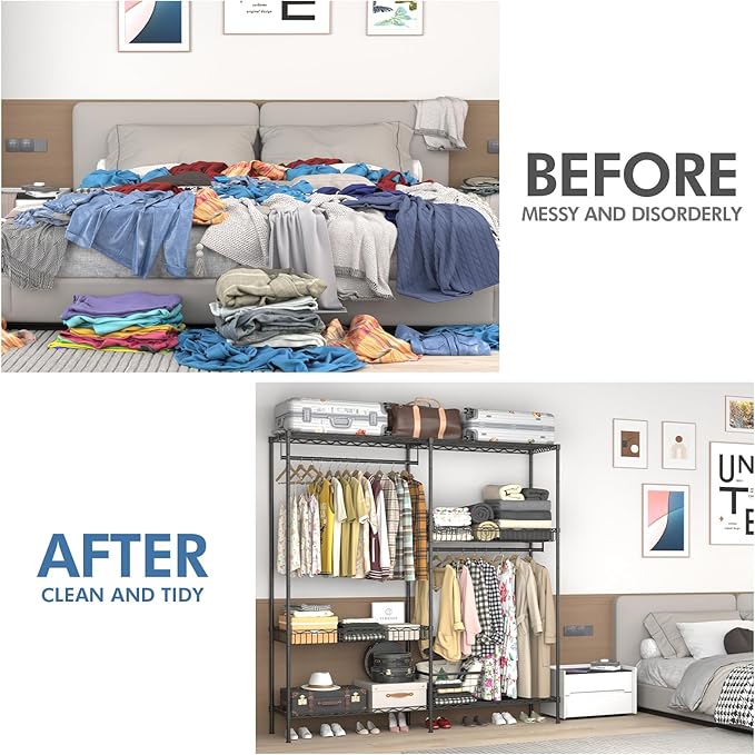 70 inch Heavy Duty Portable Closet Rack with Baskets, Steel Armoire Closet System, Clothing Organizer for Bedroom
