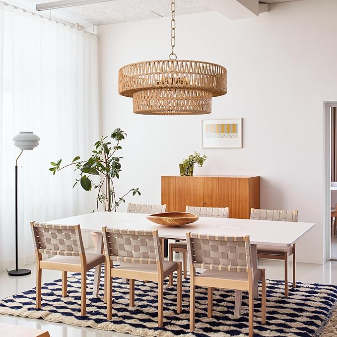 LamQee 22 Inch Farmhouse Rattan Chandeliers, 5 Lights Boho Chandelier Light Fixture with Hand Woven Wicker Shade, Large Rattan Pendant Lights Ceiling Hanging Lighting for Dining Room Kitchen Island