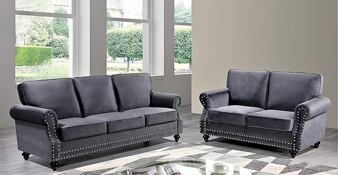 Container Furniture Direct Lotus Mid Century Modern Velvet Upholstered Living Room Rolled Arms, Sofa and Loveseat, Fossil Grey