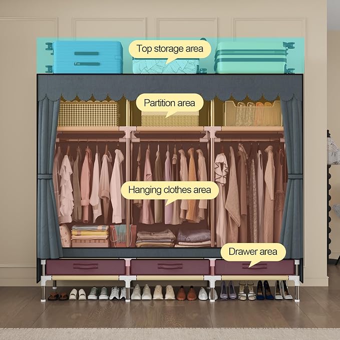 Portable Wardrobe, Freestanding Closet Hanging Organization, Metal Frame with Grey Fabric Cover, 3 Storage Compartments, 3 Hanging Rods, 3 Drawers.
