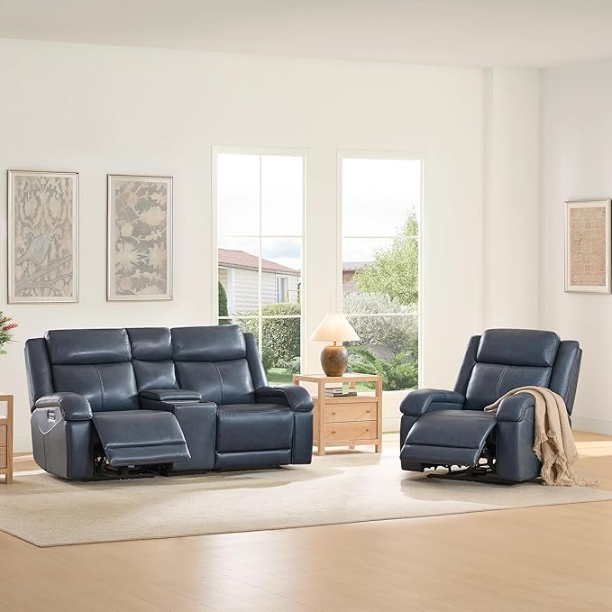 Watson & Whitely Genuine Leather Power Loveseat Recliner Sofa, Wall Hugger Loveseat Reclining Sofa with Storage Console, Power Headrest, Cup Holders, Dual Recliners for Living Room, RV, Navy Blue