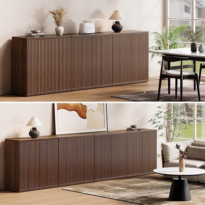 Fluted Buffet Cabinet Sideboard with Storage, Wooden Credenza with 2 Doors & Adjustable Shelf, Modern Fluted Accent Cabinet Coffee Bar for Living Room, Kitchen, Dining Room, Entryway, 15″ Deep, Brown