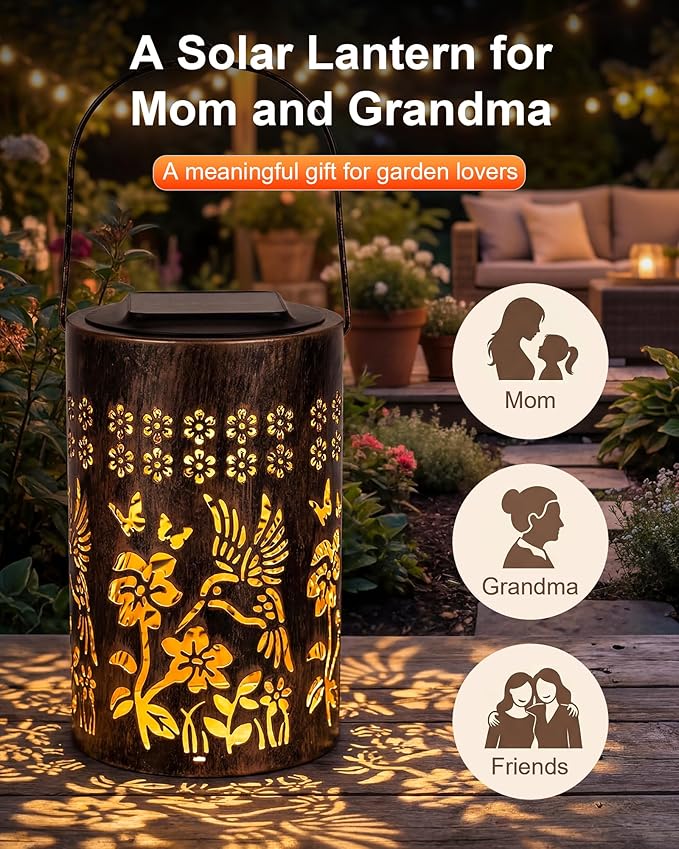 Solar Lanterns Outdoor Waterproof, Hummingbird Garden Decor Gift for Women, Mom or Grandma, Hanging or Tabletop Lantern with Vintage Copper-Color Finish for Patio, Porch and Backyard