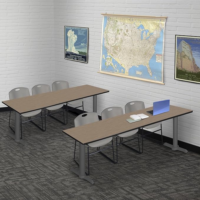 Regency Cain 84 x 24 in. Training Seminar Table – Durable T-Base Training Desk with Laminate Top, Scratch & Stain Resistant Surface, Rounded Corners (Noble Oak, Grey Base)