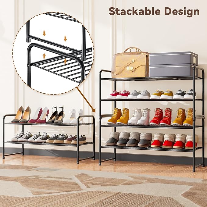 2 Tier Shoe Rack, 32.5" Wide Stackable Sturdy Metal Shoe Shelf Storage Organizer with Height-Adjustable for Entryway, Closet, Black