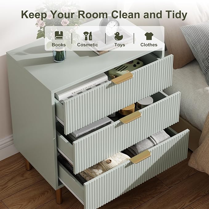 GarveeHome Green Dresser, Modern 3 Drawer Dresser for Bedroom with Gold Handle and Large Drawer, Wood Double Chest of Drawers and Storage Organizer for Living Room, Hallway, Entryway