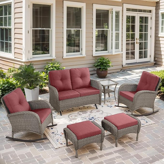 Belord 6 Pieces Wicker Patio Furniture Set with Patio Rocking Chairs, High Back Patio Conversation Set Outdoor Loveseat Glider with Ottoman and Rattan Side Table for Deck Sunroom Backyard