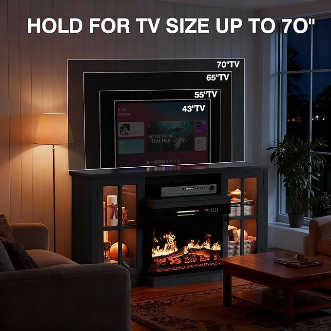 YESHOMY Glass Fireplace TV Stand for Televisions up to 65", Media Entertainment Center Console Table with Led Lights, Black