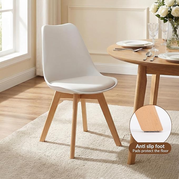 CangLong Dining Chairs Set of 4, Mid Century Modern Kitchen and Dining Chair, Soft Padded Dining Desk Chairs with Wood Legs, for Kitchen, Dining, Living Room & Bedroom, White