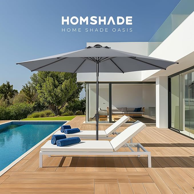 HOMSHADE Outdoor Patio Umbrella - Market Table Pool Deck Umbrella with Push Button Tilt, Crank, UPF50+ UV Protection and Sturdy Ribs, 3-Year Fade Resistance, 220GSM Solution-Dyed Fabric (No base)