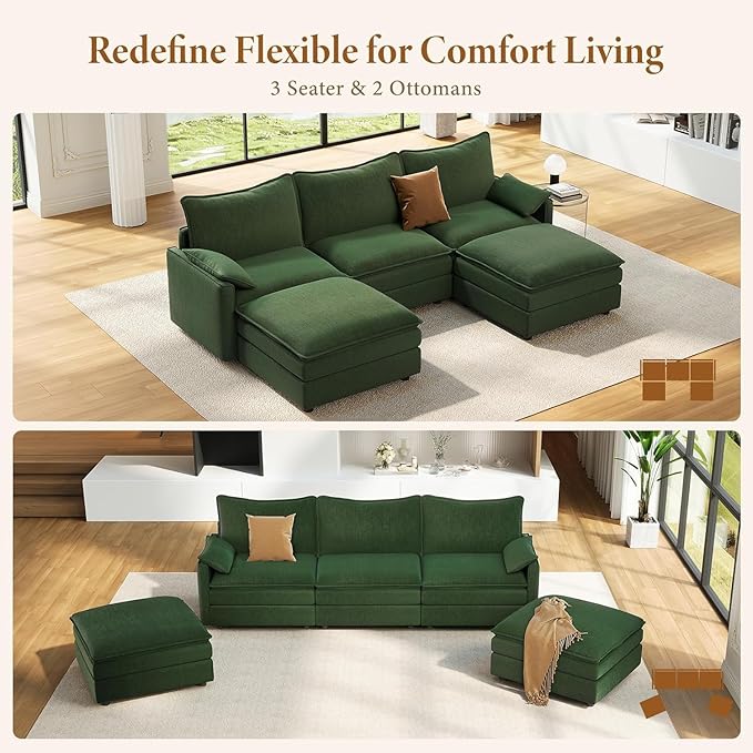 Vesgantti 108" U Shaped Sectional Couch, Comfy Cloud Modular Sectional Sofa with 2 Ottoman Deep Seat Chenille Modern Cloud Sofa, Modular Sofas for Living Room, Bedroom and Apartment, Green | Sink-in Comfort, Height Adjustable, Easy Rearrangement, Extra...
