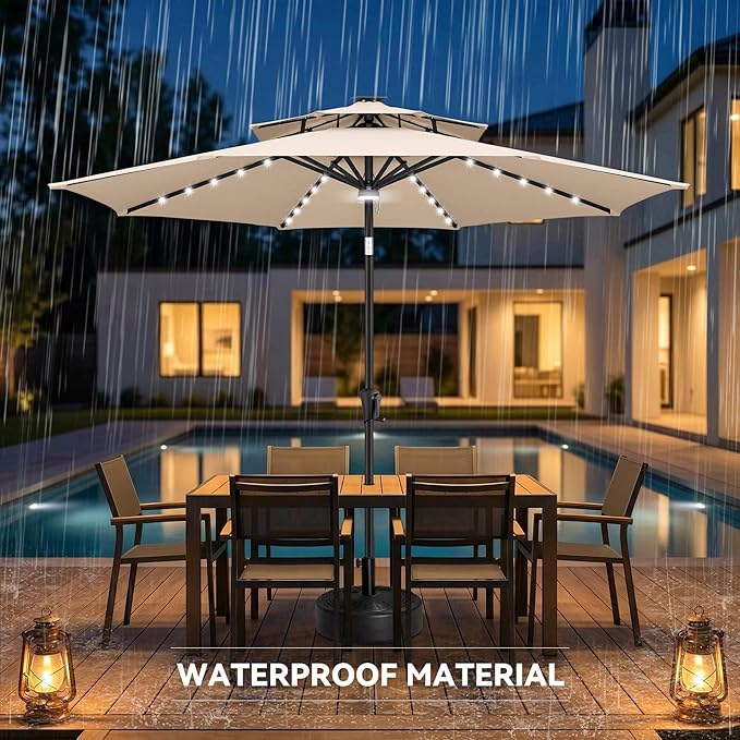 9ft Solar Umbrella Outdoor - 2 Tiers Lighted Solar Patio Umbrella with 40 LED Lights Waterprool UV Protection, Table Umbrella with Tilt for Pool, Porch, Garden, Backyard (Beige)