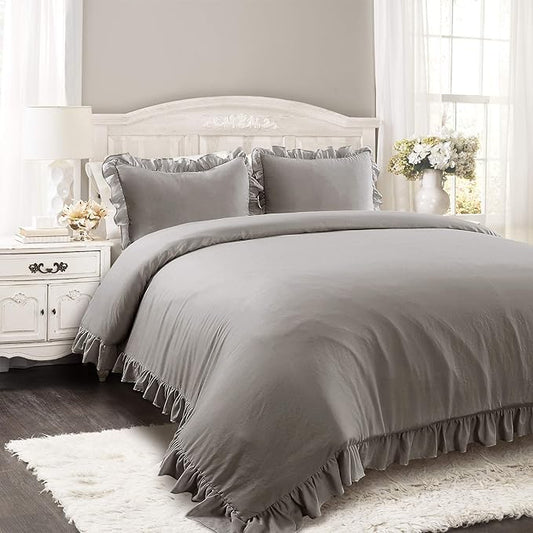 Lush Decor Reyna Ruffle Comforter Set - 3 Piece Cozy Ruffled Bedding Set - Timeless Elegance and Comfort for Bedroom - King, Gray