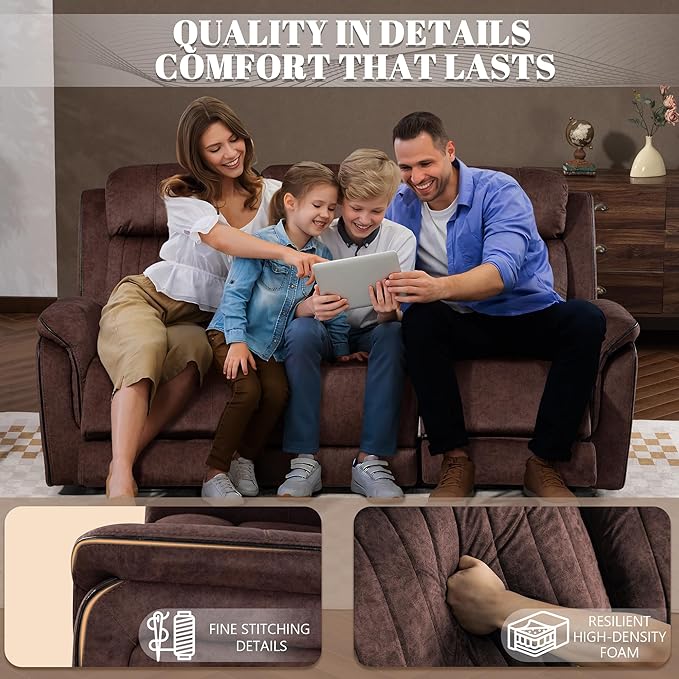 Zero Gravity Power Recliner Sofa Couch – Electric Reclining Sofa with Drop Down Table & Wireless Charging, 3 Seater Dual Reclining Couch with Adjustable Headrests for Living Room (Velvet, Brown)