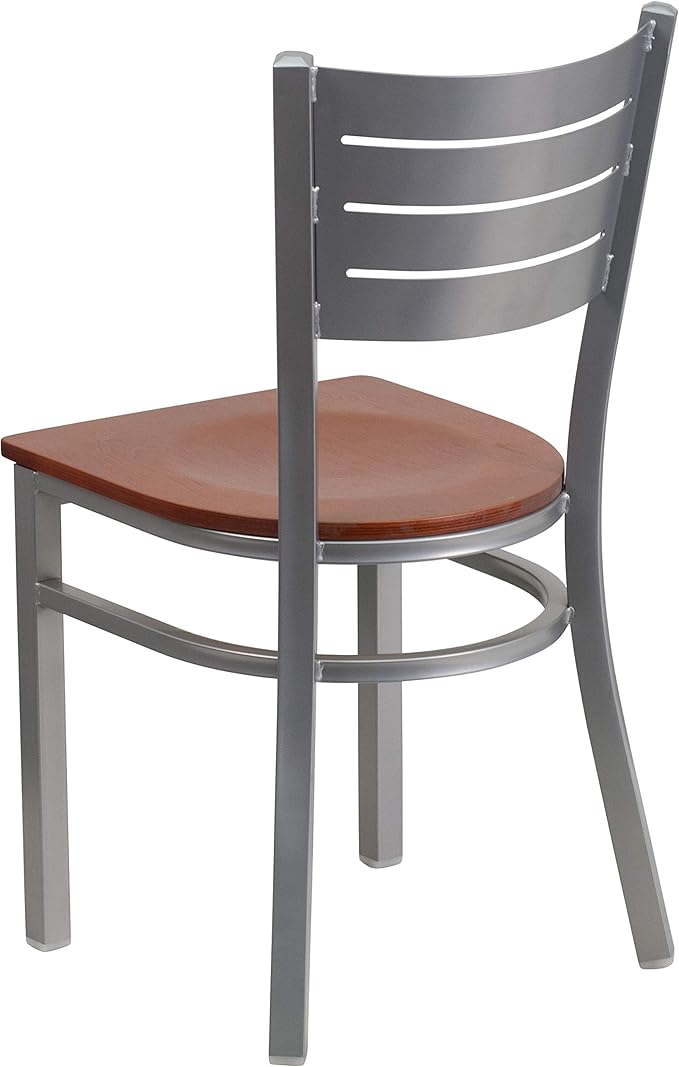Flash Furniture 2 Pk. HERCULES Series Silver Slat Back Metal Restaurant Chair - Cherry Wood Seat