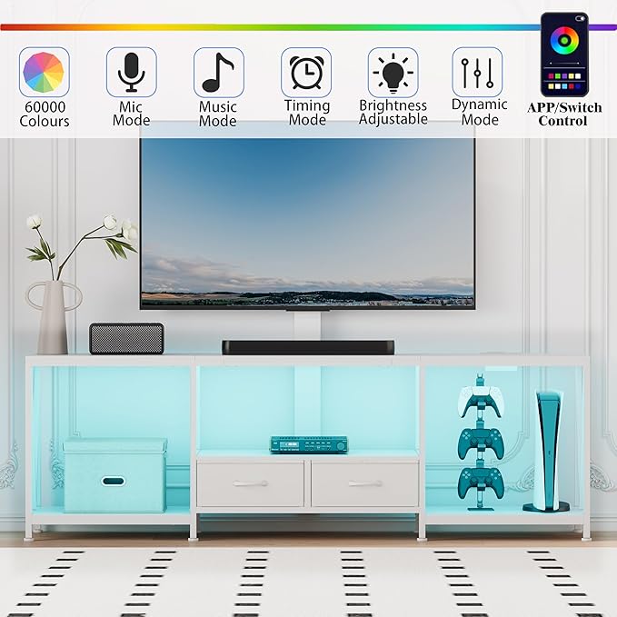 63" W TV Stand with Mount for 55,65,75" TV,Entertainment Center with Power Outlet and Led Lights,Height Adjustable TV Console Table with Open Storage Shelves and Fabric Drawers (White, 63" W)