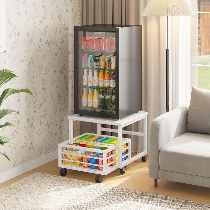 HOOBRO Mini Fridge Stand with Movable Storage Basket, Mini Fridge Cabinet with Wheels and Adjustable Feet, Sturdy Metal Frame, for Home, Apartment, Office, White WW155TL01