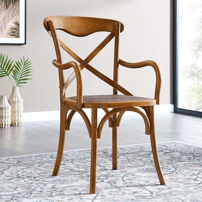 ModwayEEI-1538-WALGear Modern Farmhouse Cross Back Solid Elm Wood Dining Armchair With Rattan SeatFour Dining Chair SetWalnut