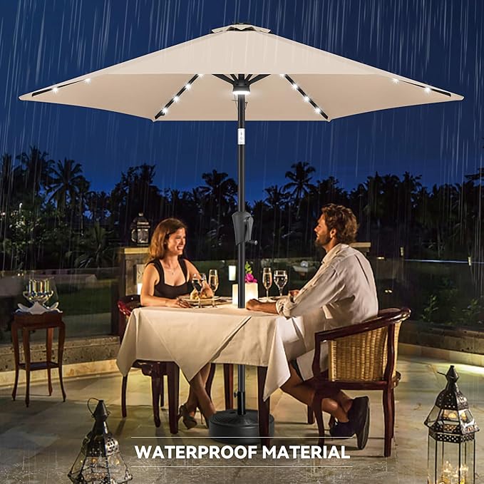 10FT Solar Patio Umbrella - Outdoor Umbrella with Centre Surround Light 24 LED Lights, Market Table Umbrella with Tilt for Pool, Porch, Garden, Deck, Backyard UV Protection (Beige)