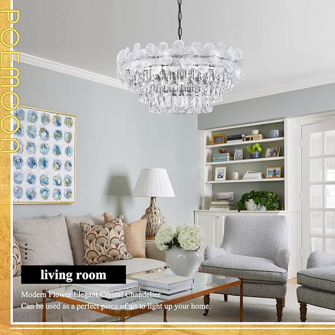 11 Lights Modern Crystal Chandelier 24" 6-Tier Black Luxury Flower Chandelier Light Fixture for Living Dining Room Kitchen Entryway Bedroom Foyer, E12