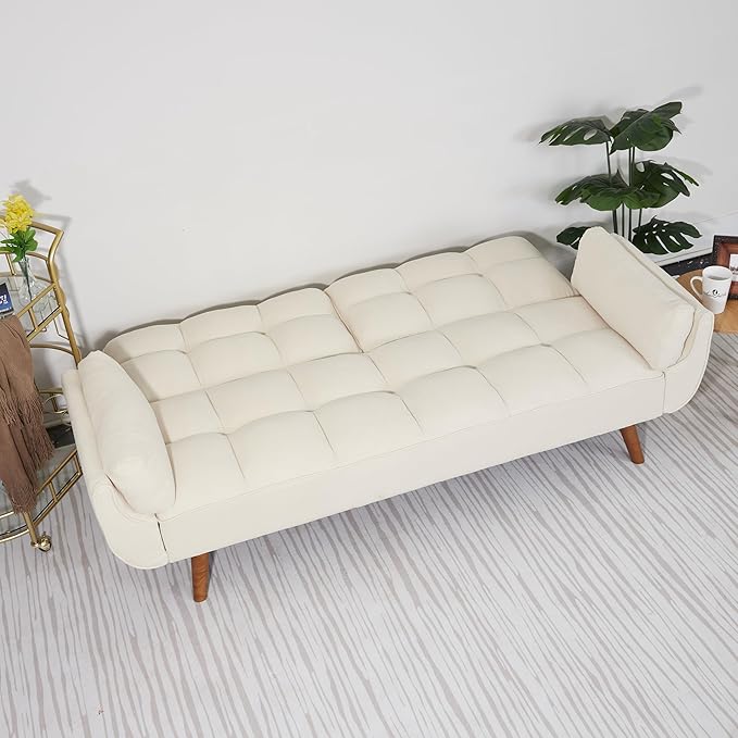 ERYE 75-Inch Linen Tufted Upholstered Futon Sofabed for Bedroom Living Room, Modern Convertible Futon Loveseat Sleeper Sofa Bed with Adjustable Backrest and Pillows | Easy to Assemble