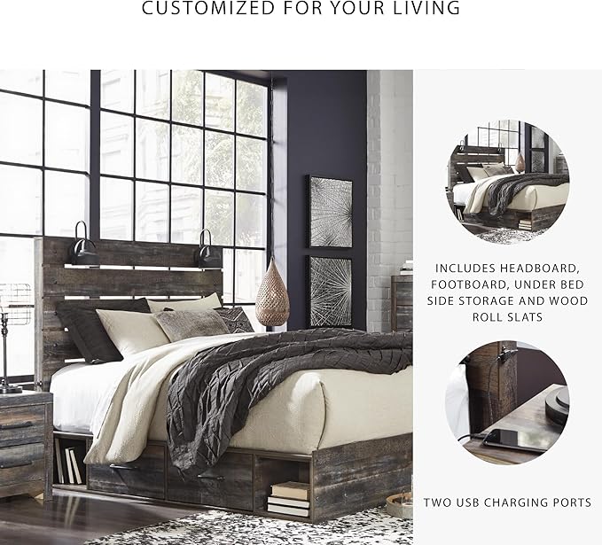 Signature Design by Ashley Drystan Rustic King Panel Platform Bed with 4 Storage Drawers, Open Cubbies, Sconce LED Lights and USB Ports, Foundation or Box Spring Not Needed, Dark Brown & Gray