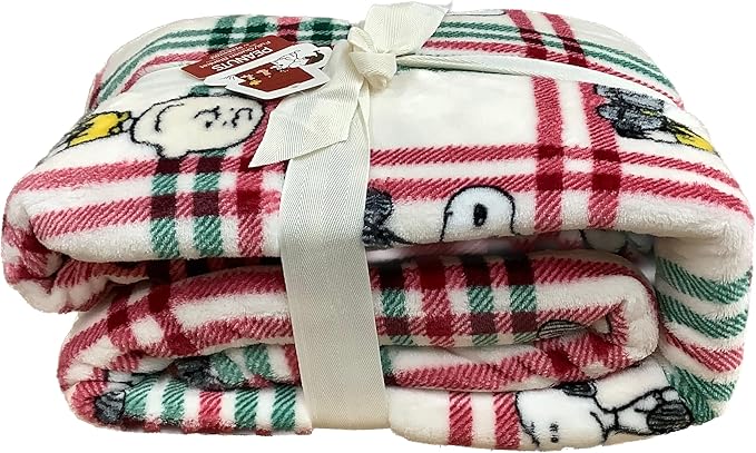 Berkshire Blanket & Home Co Peanuts Winter Blanket, Polyester (Green & Red Gridlines with Characters, Twin)