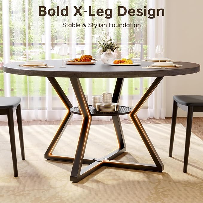 Concho 47" Round Kitchen Dining Room Table for 4-6 Circle Dining Dinner Table with Pedestal Metal Frame,Space Saving Wood Kitchen & Dining Room Furniture, Dark Coffee Gray