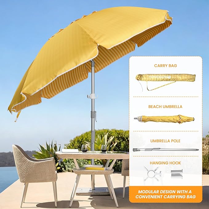 HOMEDEMO Boho Patio Umbrella with Fringe, Outdoor Tassel Umbrella with UPF50+ Sun Protection and Push Button Tilt, Premium Aluminum Pole & Fiberglass Ribs, Includes Hanging Hook
