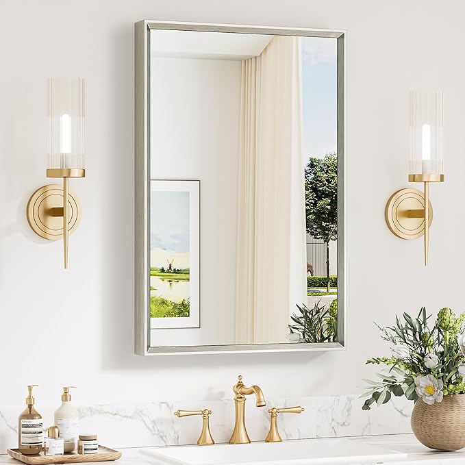 Keonjinn 20 x 30 Inch Brushed Nickel Bathroom Mirrors for Over Sink, Beveled Rectangle Framed Mirrors for Wall, Farmhouse Bathroom Vanity Mirror, Tempered Glass, Square Corner