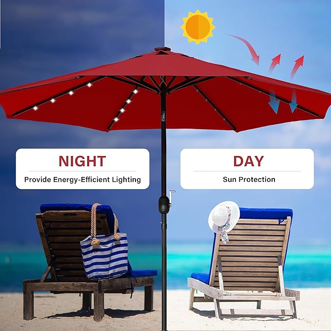 YSSOA 9' Solar Umbrella 32 LED Lighted Patio Umbrella Table Market Umbrellas with Push Button Tilt/Crank Outdoor for Garden, Deck, Backyard and Pool, Red