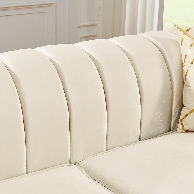 KEIKI 2-Piece Luxury Chesterfield Sofa Set with 2 Oversized Velvet 3-Seater Sofa, Upholstered Modern 6-Seater Button Tufted Couch Set with 4 Pillow, Gold Stainless Decoration, for Living Room, Beige