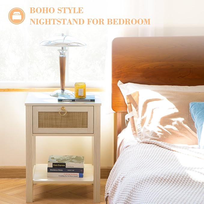 SICOTAS White Nightstand Set of 2,Rattan Decor Drawer with Brass Knobs Night Stand Bedside Table Boho End Tables Side Tables with Storage Shelf for Bedroom,Small Space