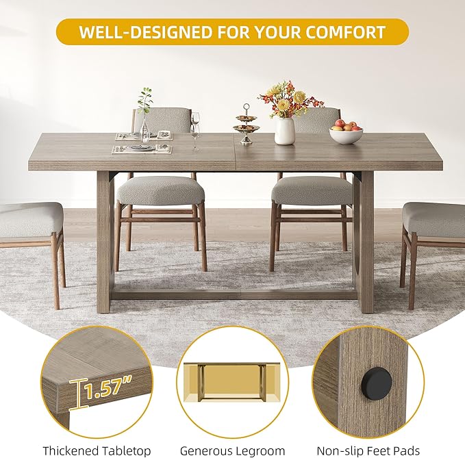 DWVO Dining Room Table for 6-8 People 70.86" Large Rectangle Dining Table Farmhouse Kitchen Table with Heavy Duty Wooden Base for Apartment Living Room Grey Oak