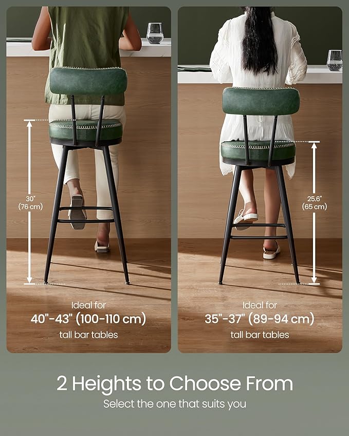 VASAGLE EKHO Collection - Bar Stools Set of 2, Swivel Bar Height Bar Stools with Back, Synthetic Leather with Stitching, Mid-Century Modern, 30-Inch Tall Barstools for Kitchen Home Bar, Forest Green