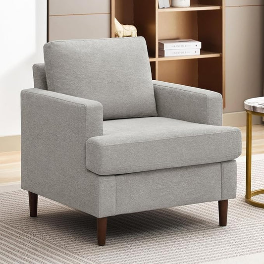 Mid-Century Accent Chair,Modern Linen Fabric Armchair for Living Room,Comfy Upholstered Reading Accent Chairs for Bedroom,Single Sofa Chair with Wood Legs (Light Grey, 1 Pack)