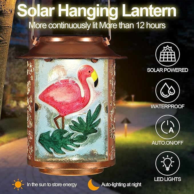 Flamingo Solar Lanterns Outdoor Waterproof,Birthday Gifts for Women Mom Grandma Garden Decor,Hanging Solar Lights Wall Mount Decorations for Yard,Front Porch,Patio,Lawn Pathway Landscape