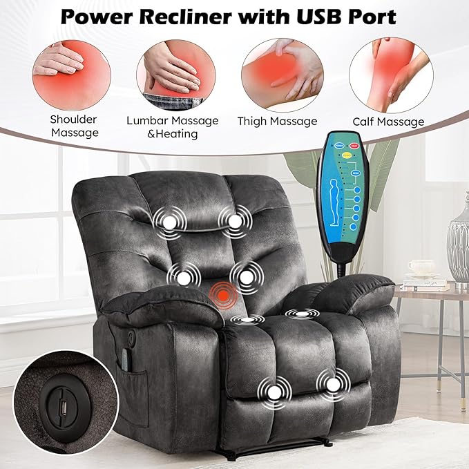 HAOMARKETS Power Recliner Chair Set of 2 with Massage and Heat, 41" Wide Electric Reclining Chairs with USB Port, Breathable Fabric Overstuffed Reclining Sofa for Living Room, Grey