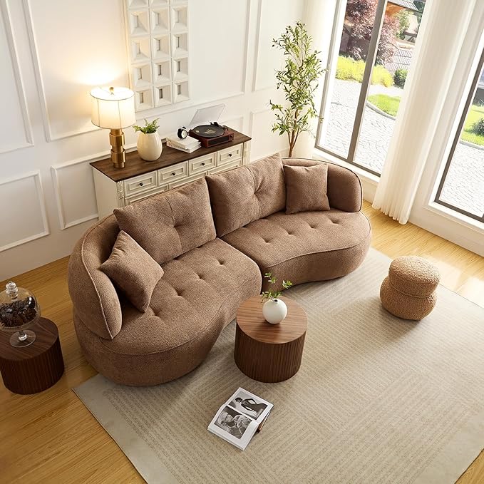 109" Sectional Curved Sofa, Boucle Fabric Upholstered Modern Couch, Oversized 3 Seater Minimalist Comfy Modular Deep Seat Sofas Set for Living Room, Home Office, Bedroom, Apartment, Camel
