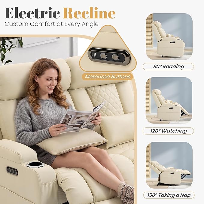 2-Piece Power Reclining Sofa Set, 3-Seater Sofa with Drop-Down Console & 2-Seater Loveseat, Zero Wall Hugger Electric Recliner Couch with Adjustable Headrest, AC Outlets (Light Beige, 3+2 Set)