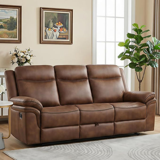 3-Seater Manual Recliner Sofa with Dual Recliners, Drop-Down Table, USB Charging Ports & Power Outlets, Faux Leather Couch for Living Room, Ergonomic Design for Full Comfort (87")