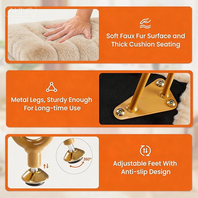 DUMOS Vanity Stool Chair, Ottoman with Storage, Makeup Cute Soft Small Footstool, Modern Style Faux Fur Seat with 4 Metal Legs & Adjustable Feet for Dressing, Living Room Bedroom Dorm, Camel