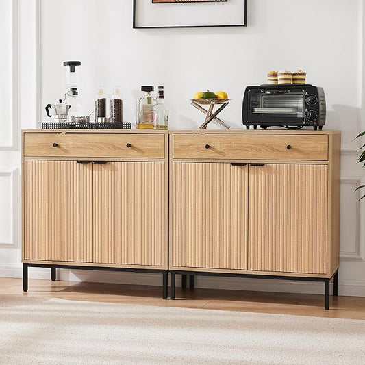 Mericonia Set of 2 Buffet Sideboard Cabinet with Storage, Fluted Coffee Bar with Doors and Adjustable Shelves, Modern Wood Console Cabinet for Kitchen, Livingroom
