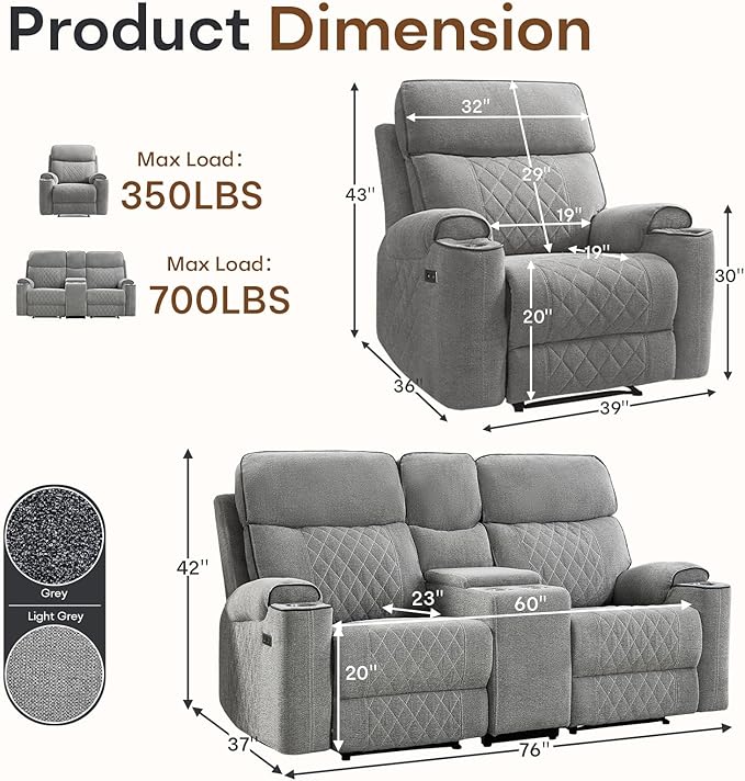 HAOMARKETS 2-Piece Power Recliner Sofa Set with Charging Port, Include Single Recliner Chair and 2-Seater Loveseat Reclining Couch with Hidden Storage and Cup Holders for Living Room, Light Grey
