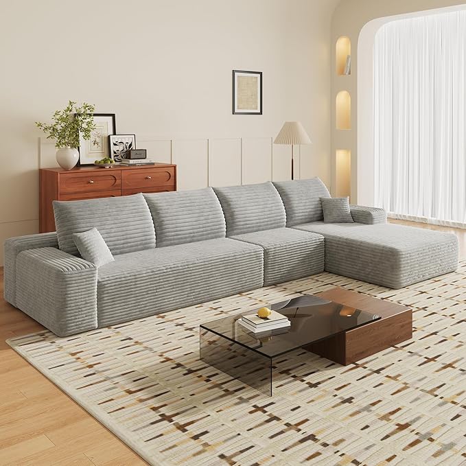135" Corduroy Couch Sectional with Chaise, L Shape Boneless Cloud Couches for Living Room Bedroom, Fluffy Deep Seat Compression Sofa, Modular Corner Couch No Assembly, Right Facing Chaise, Grey