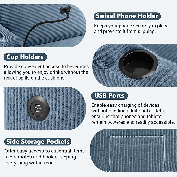 Merax Modern Corduroy Sleeper Sofa Bed with Full Size Mattress, Futon Couches with USB Ports | Phone & Cup Holders| Side Pockets,Pull Out Couch for Living Room, Small Loveseat, Navy Blue