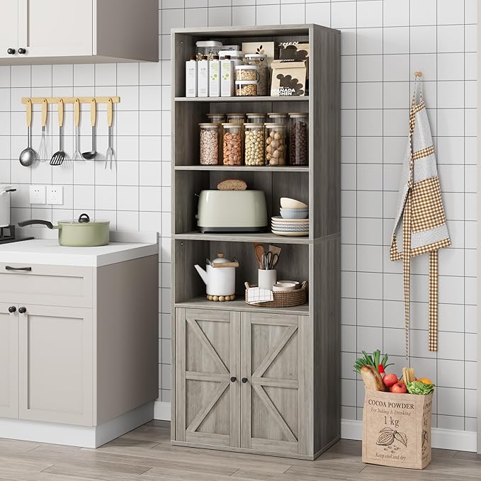 CABIHOME Farmhouse Bookcase with Doors 71.4in Tall Bookshelf 11.8in Depth Display Storage Shelves Industrial Bookcases Wooden 6 Shelf Bookshelves for Bedroom, Living Room, Home Office