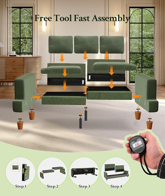 Welzona 87.2" Couches for Living Room, Comfy U Shaped Couch Green 7.5" Thicker Cushion, Sofas for Living Room Tool-Free Setup, Loveseat with Ottoman 848lbs Support, Corduroy Couch for Bedroom, Office