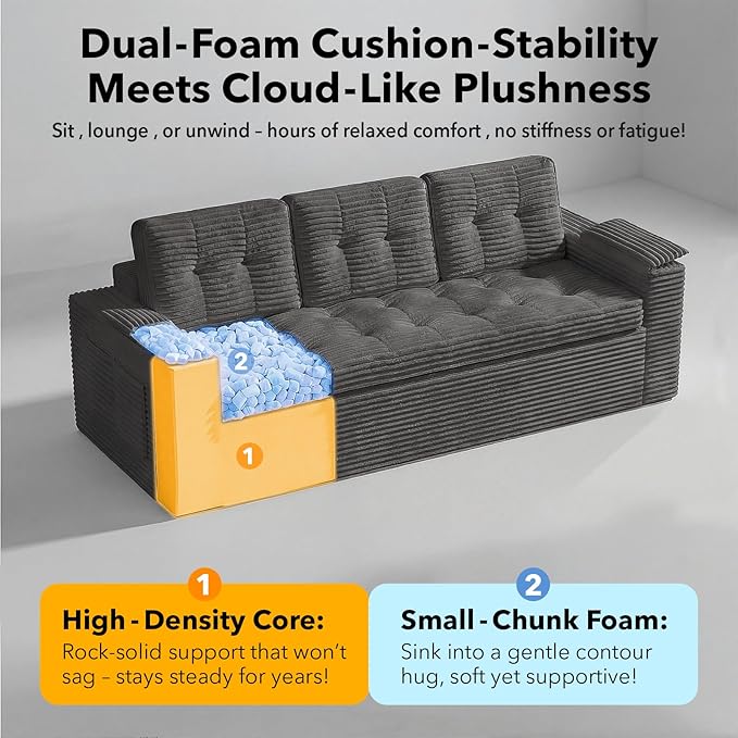 83" Boneless Couch, 3 Seater Cloud Corduroy Sofa in a Box with Deep Tufted Cushions, Zero Assembly, Removable Washable Cover, Family-Friendly Living Room Couch, Dark Grey